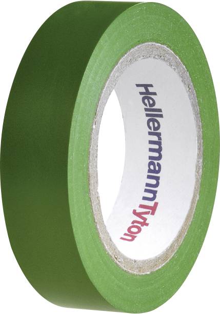 Grøn isoleringstape, delvist rullet ud, med en hvid indre ring. Markeringen indeholder navnet 'HellermannTyton'.