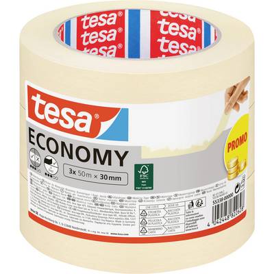 Billedet viser en rullepakke med 'tesa ECONOMY' malertape, 3-pak, 50m x 30mm. Emballagen fremhæver et 'PROMO'-tilbud med en mønter-grafik.