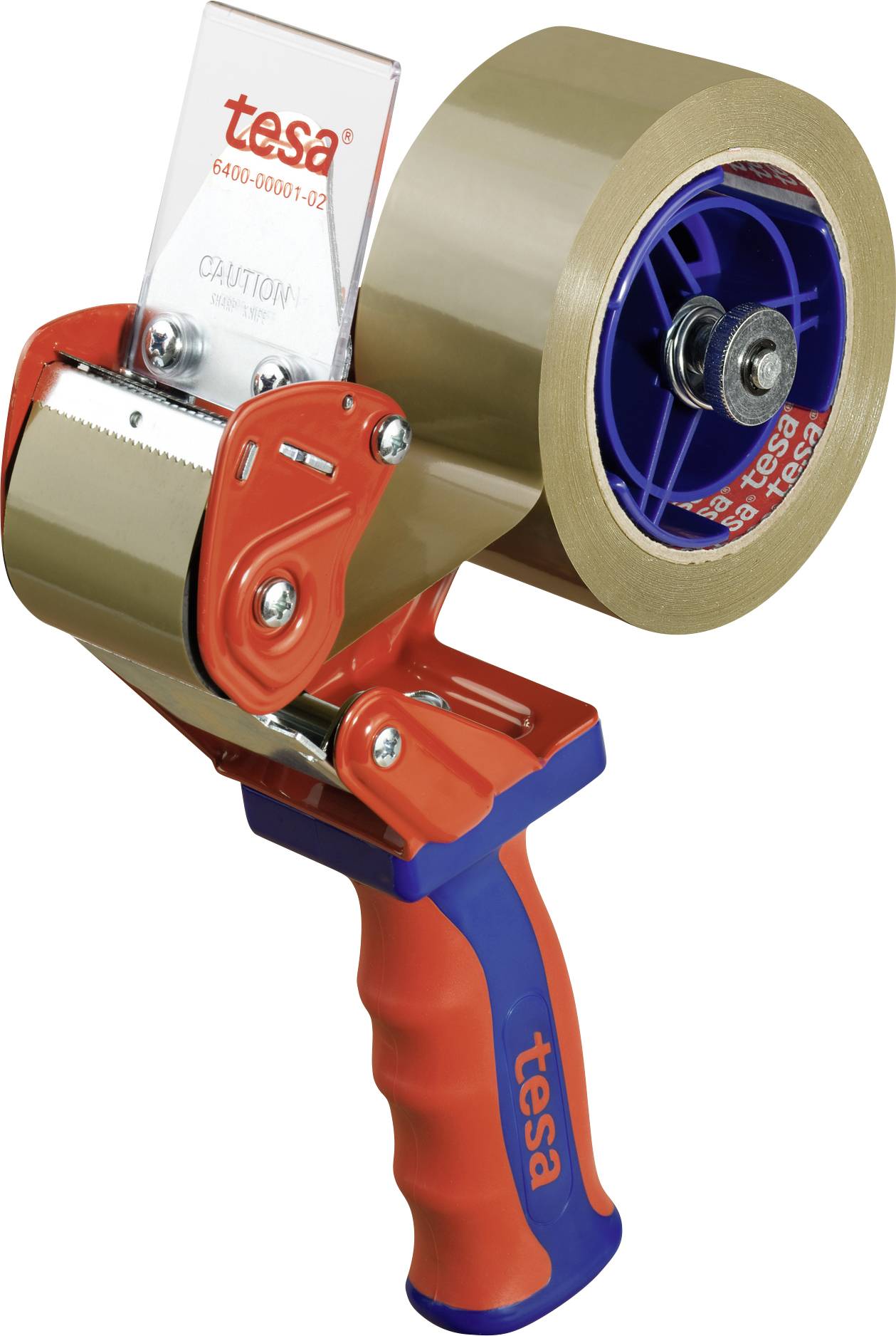 Håndtape-dispenser med rødt håndtag og påsat brun tesa-taprulle.