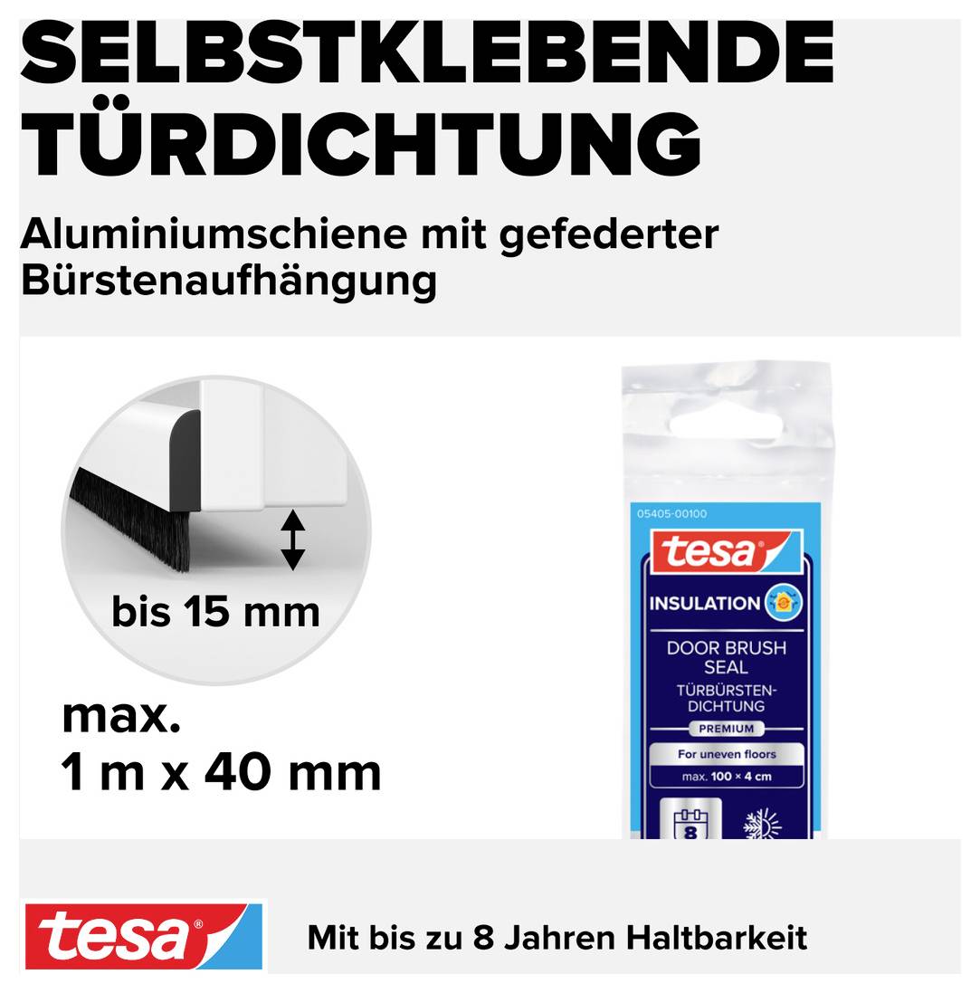 'Selvklæbende dørtætning' af aluminium med børstet ophængning, max. mål 1 m x 40 mm. Fremstillet af tesa, holdbar og isolerende.