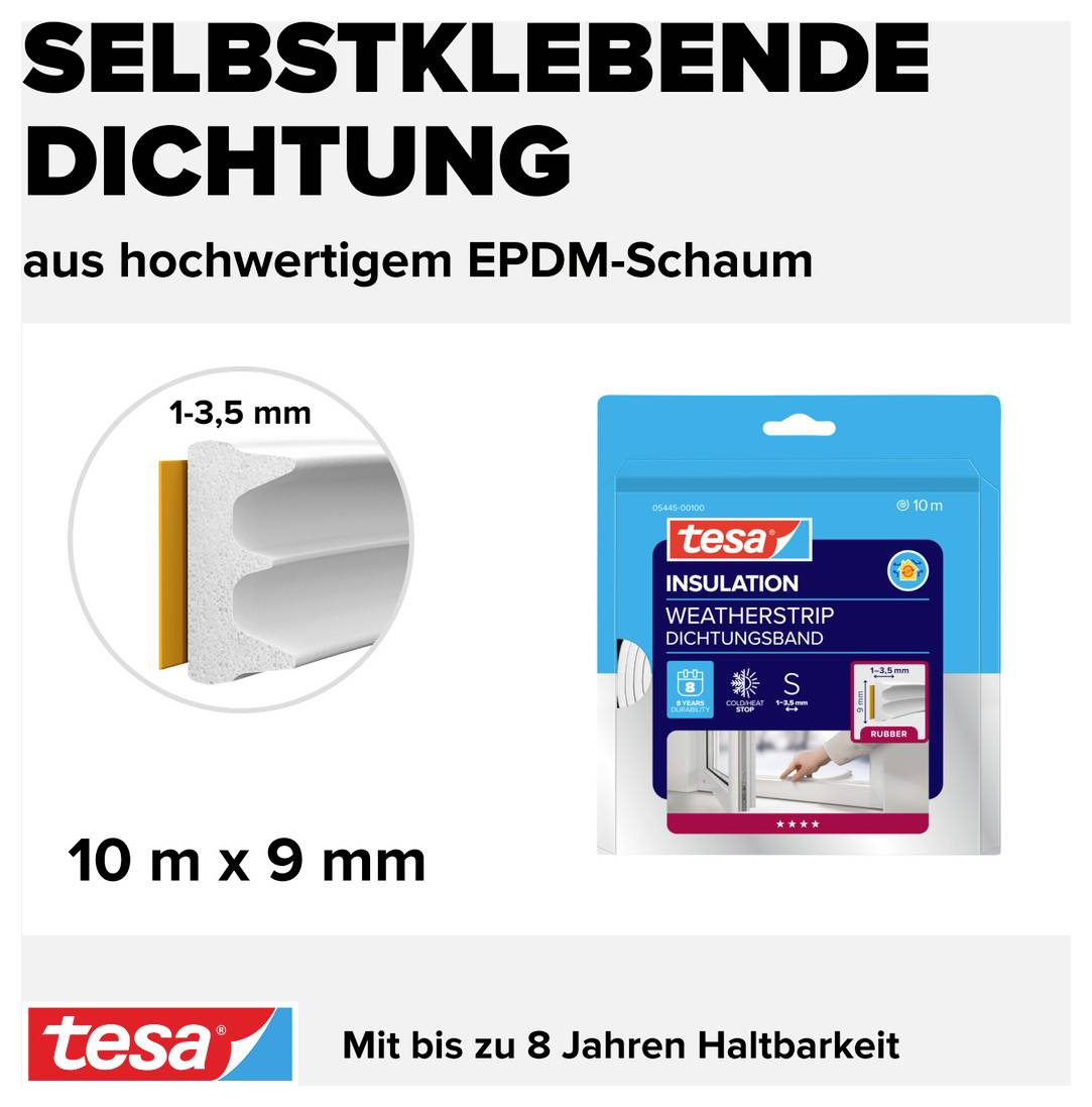 'Selvklæbende tætning af højkvalitets EPDM-skum, 10 m x 9 mm, til vinduer og døre. Med op til 8 års holdbarhed.'