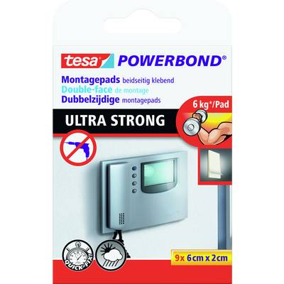 Emballage af Powerbond monteringspuder viser puder, der kan bære op til 6 kg, til nem og stabil montering.
