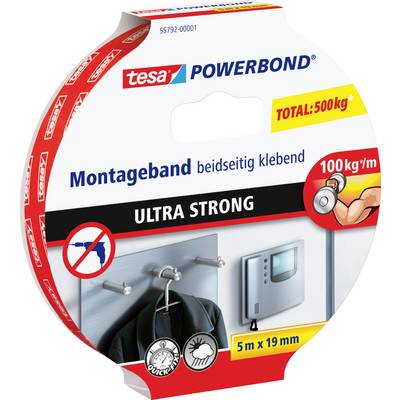 Monteringstape dobbeltklæbende, ULTRA STRONG fra tesa, samlet belastning 500 kg, 5 m x 19 mm. Holder 100 kg/m², ideel til ophængning.