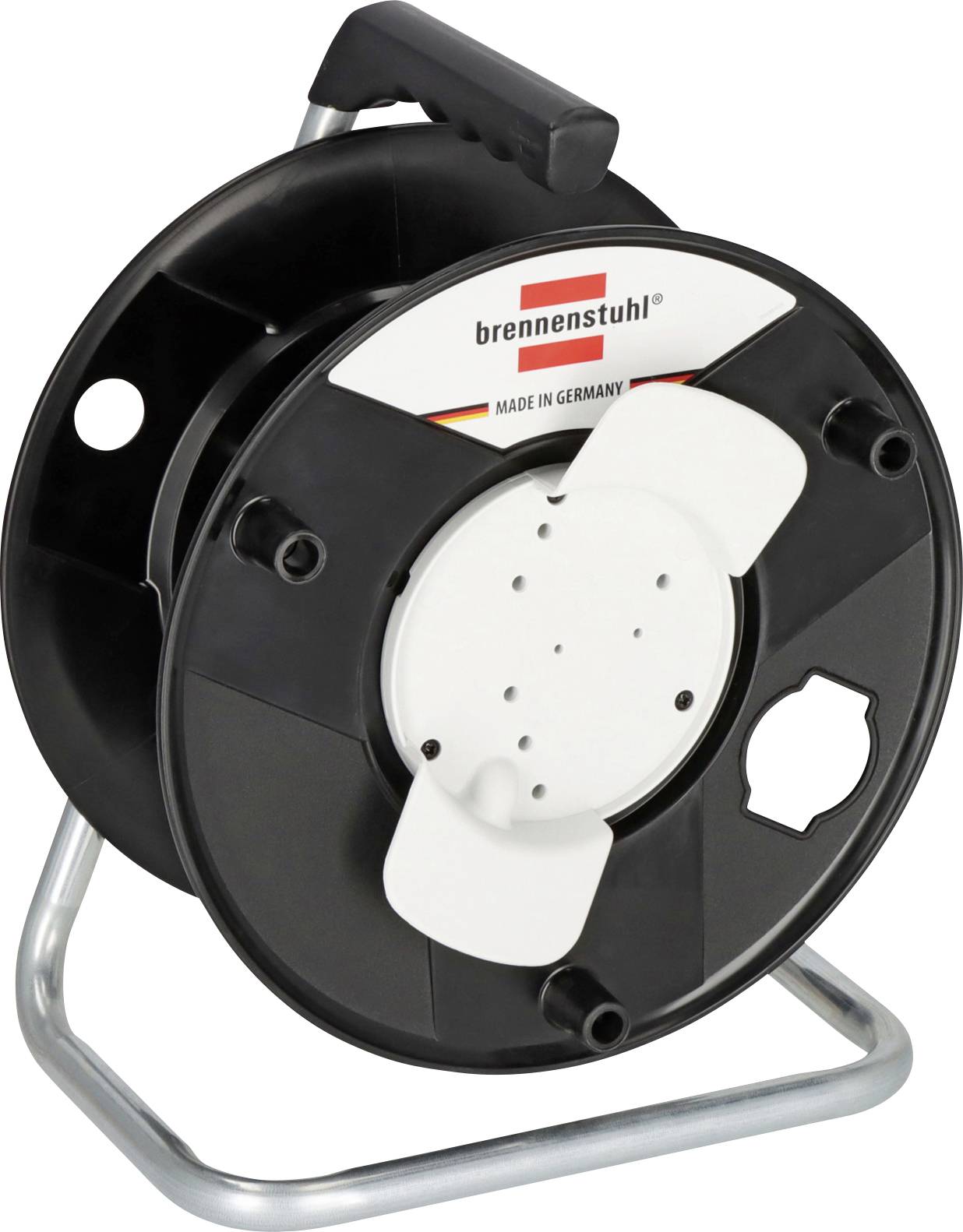 Sort kabelspole med håndtag og metalstativ, mærket 'brennenstuhl' og 'Made in Germany'.