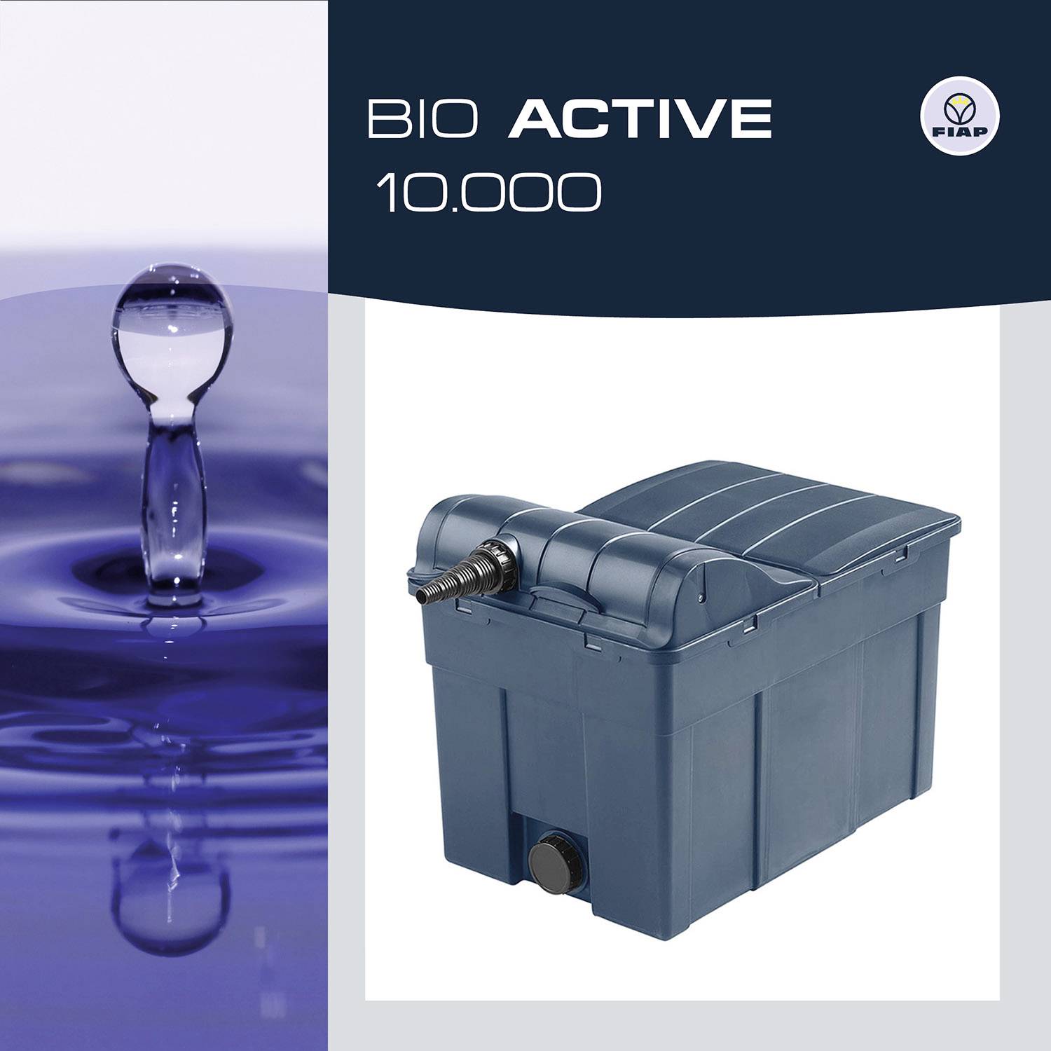 'FIAP Bio Active 10.000' Damfilter illustration. Et vandindtag til venstre; en blå filtertank til højre. Med FIAP-logo.