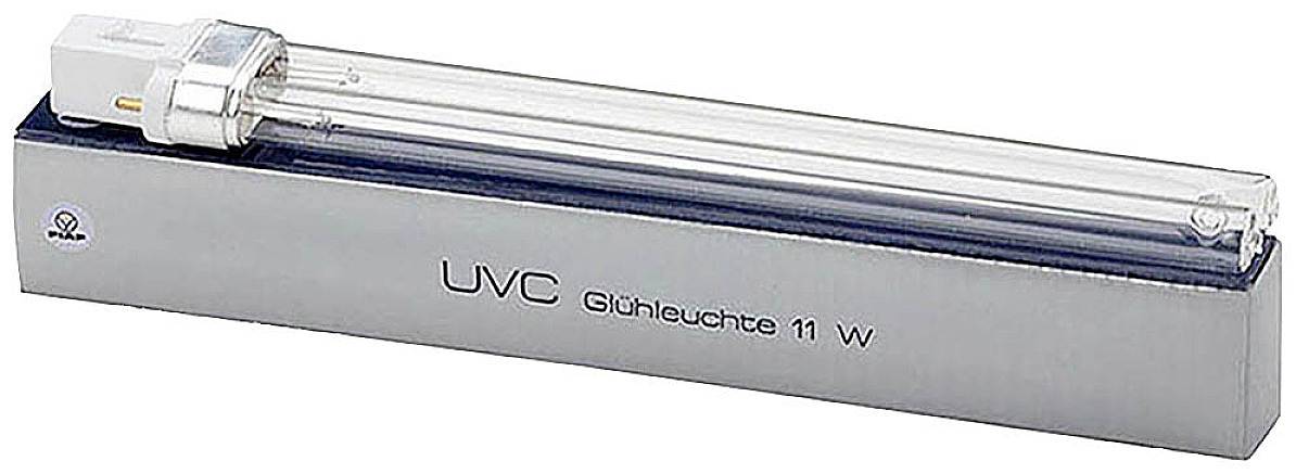 UVC-rør, 11 watt, på en grå pap med påskriften 'UVC-lyspære 11 W'. Til belysnings- eller desinfektionsformål.