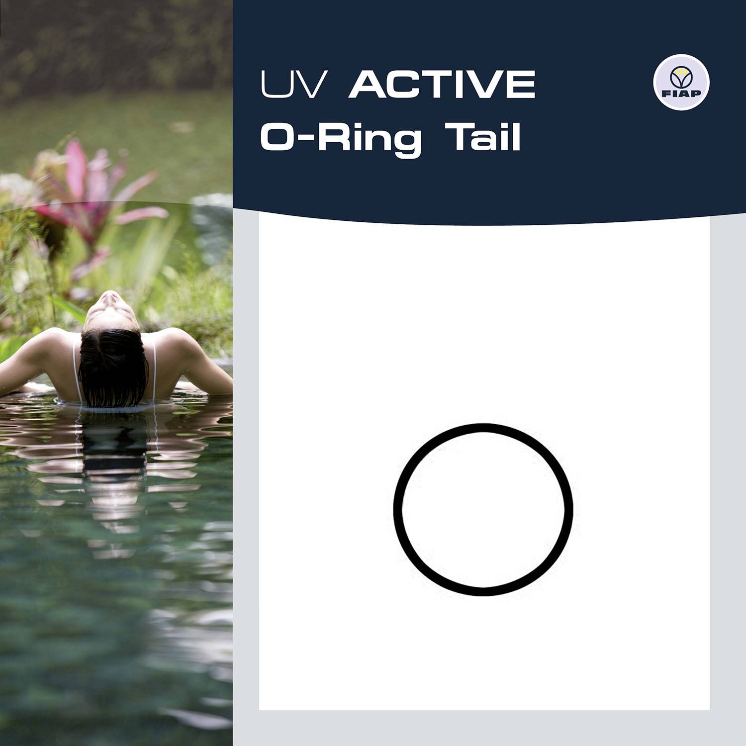 'Uv Active O-Ring Tail' viser en person, der ligger på ryggen i vandet, samt en illustration af en cirkel på højre side.