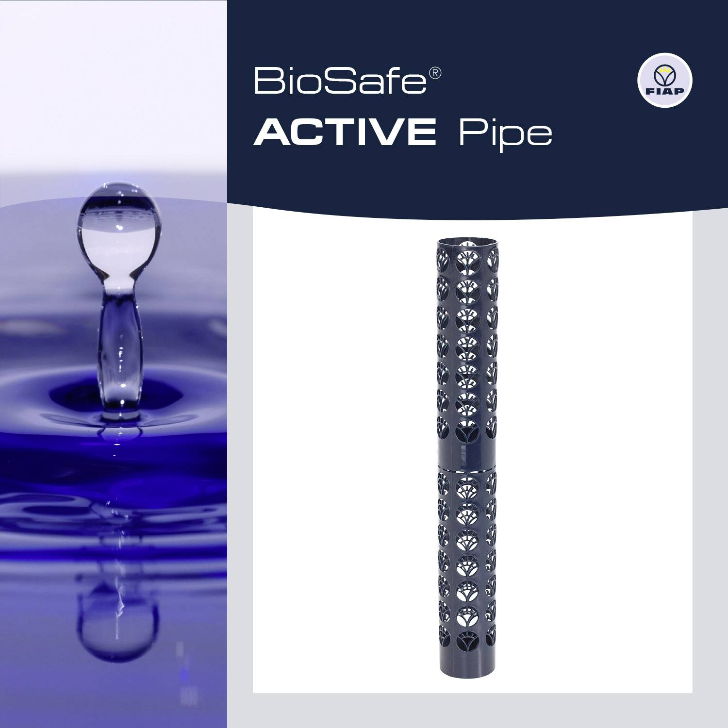 'BioSafe ACTIVE Pipe' reklamegrafik med illustration af et gråt rør og vanddryp. Mærkelogo øverst til højre.