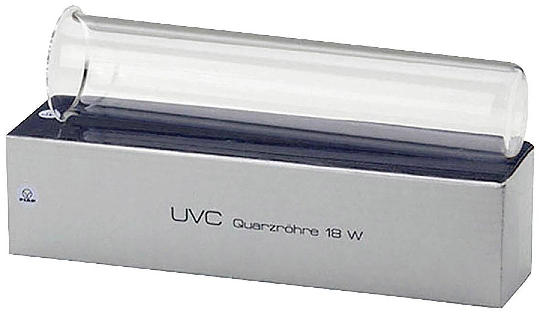 Et UVC-kvartsrør ligger på en æske mærket 'UVC kvartsrør 18 W', som producerer lavemissivt UV-lys.