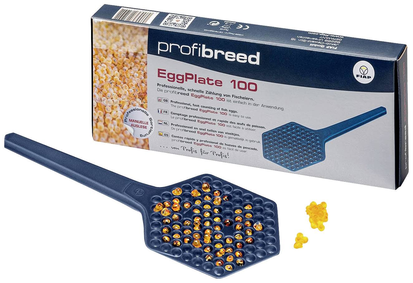 Mørkeblå plastikform med fordybninger til opdræt af fiskeæg, ved siden af emballage med produktnavn 'profi breed EggPlate 100'.