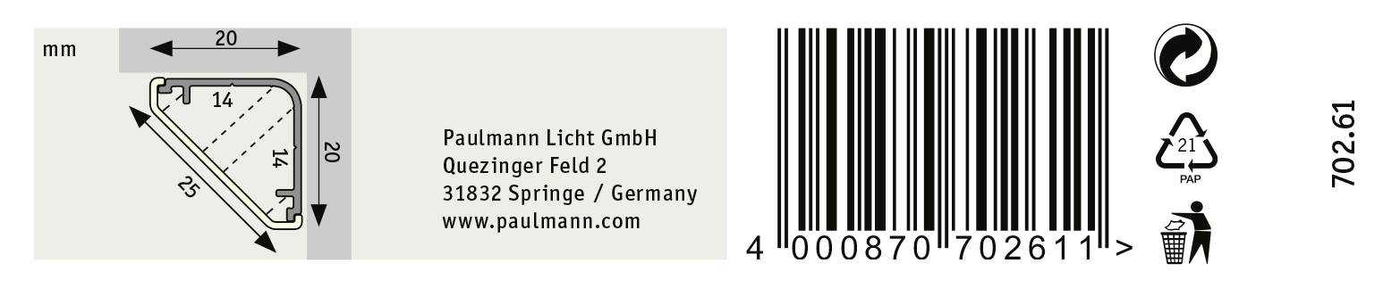 Trekantet aluprofil med mål: 20 x 14 mm. Producent: Paulmann Licht GmbH, Quetzinger Feld 2, 31832 Springe, Tyskland. Stregkode og genbrugssymboler til højre.