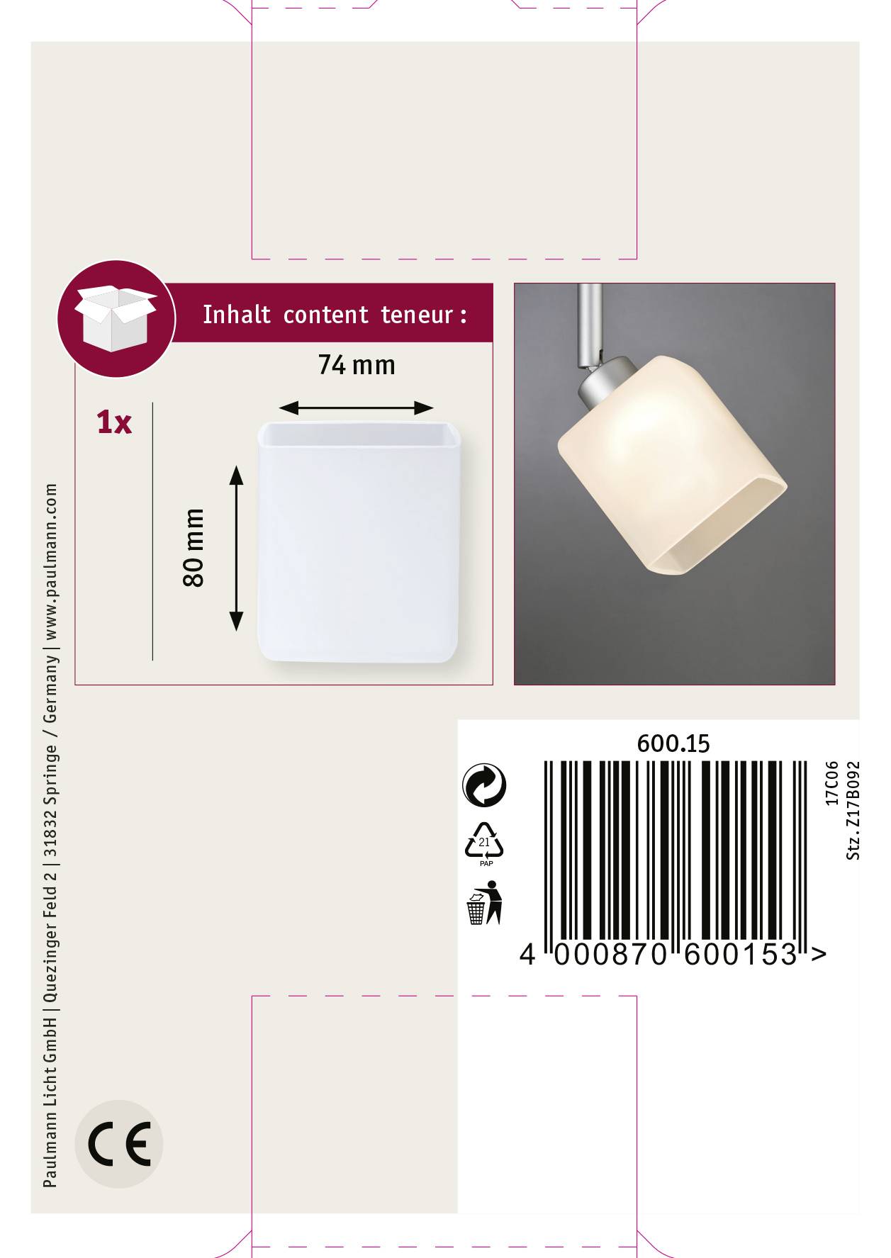 Emballagelabel til en væglampe. Viser lampen i hvid og i drift. Mål: 74 mm x 80 mm. Indeholder CE-mærkning.