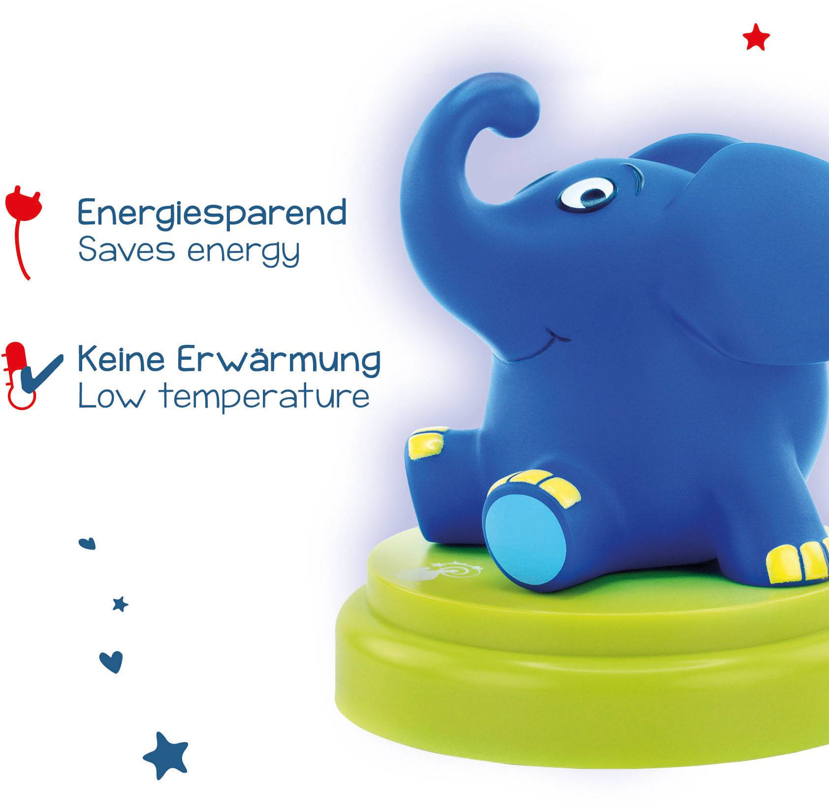 Blå elefant-natlampe på gul sokkel. Tekst ved siden af elefanten: 'Energibesparende, ingen opvarmning', med symboler.