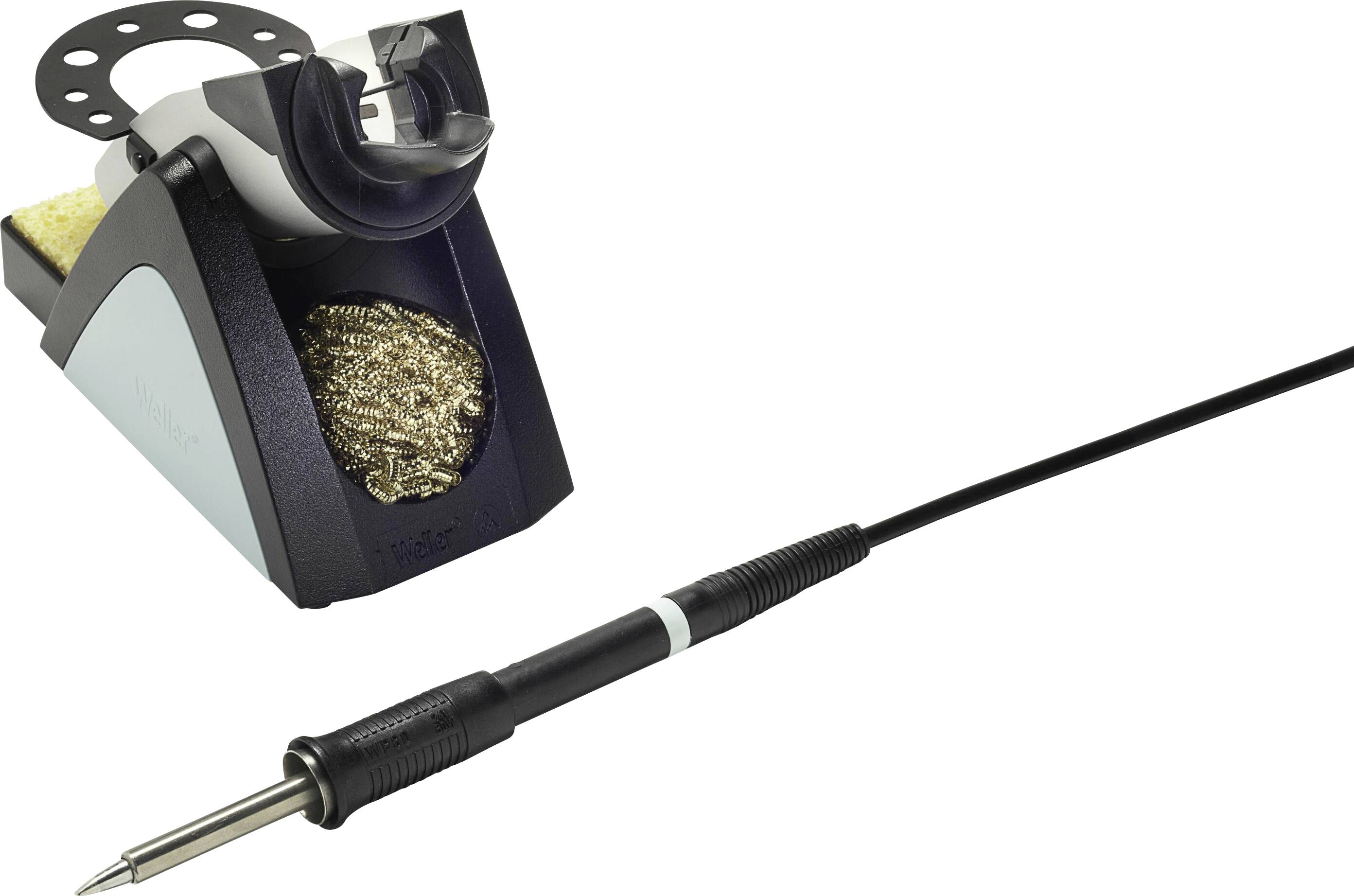 Loddekolbe med sort håndtag og kabel ved siden af en metalstativ med rengøringsmateriale.