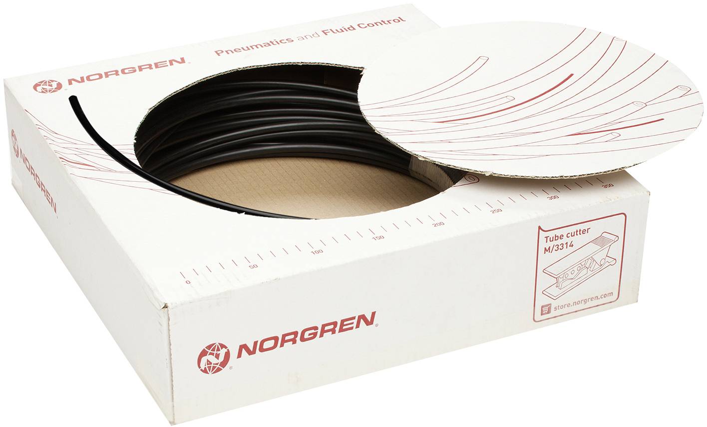 En æske med en sammenrullet sort slange, delvist åbnet. Påtrykt: 'Norgren Pneumatics and Fluid Control'.