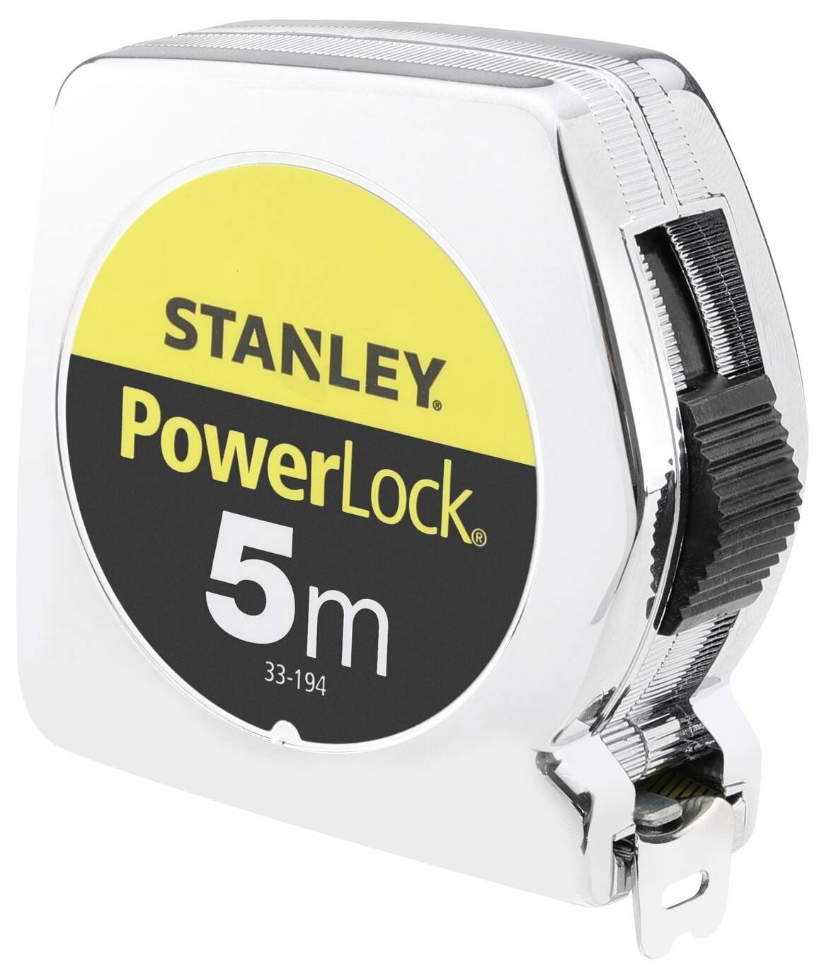 Et sølvfarvet målebånd med gul og sort etiket viser mærket 'Stanley PowerLock' og længden '5 m'.