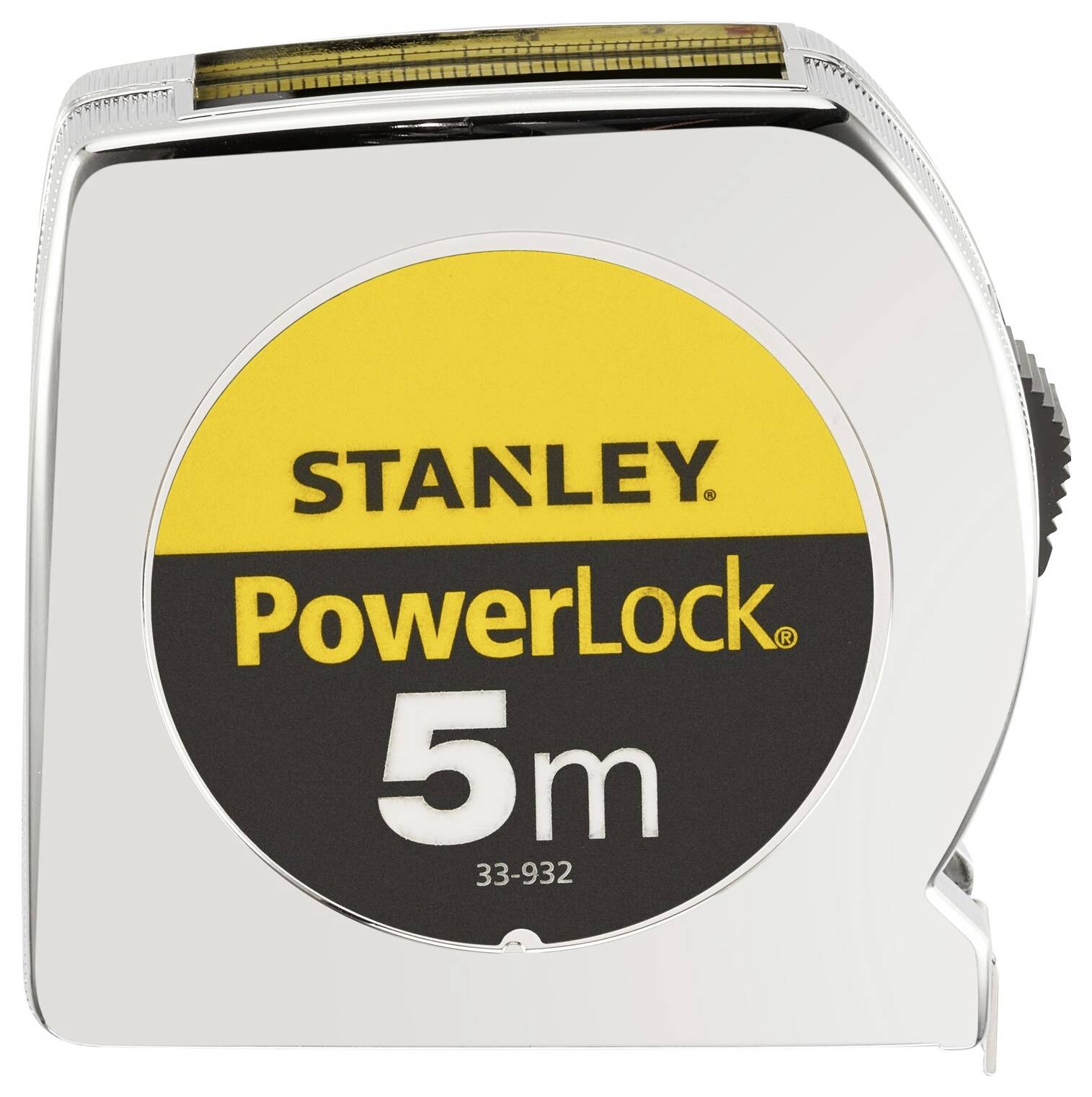 Sølvfarvet Stanley-målebånd med gul-sort 'PowerLock 5m' påtryk. Rektangulær form med afrundede kanter og integreret vaterpas.