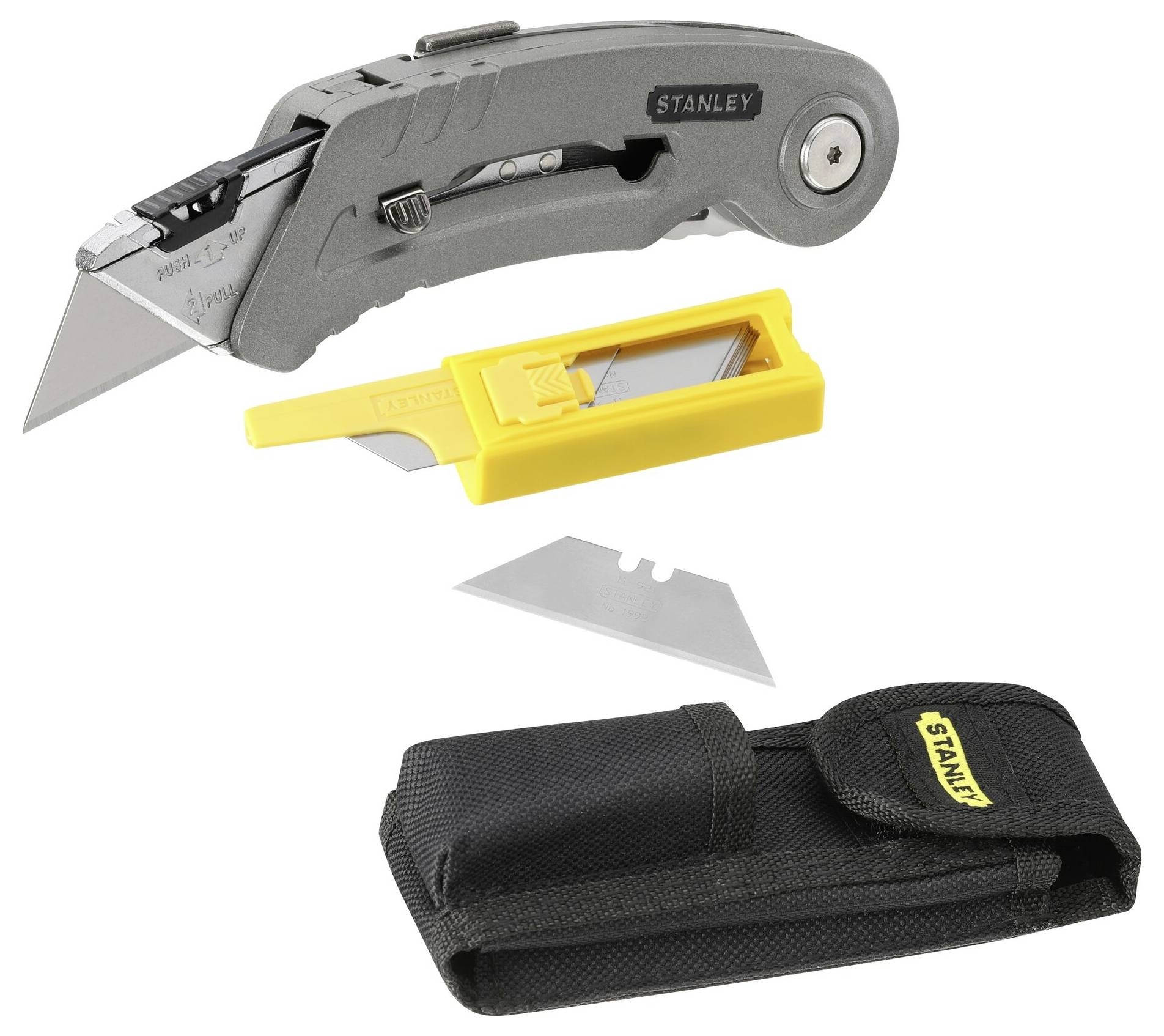 Foldbart universalkniv med grå håndtag, udskiftelig klinge i gul holder og sort etui.