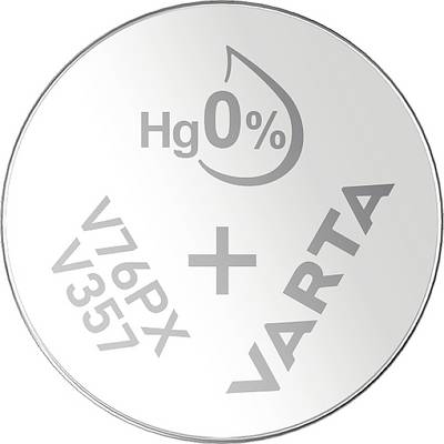 'Knapcellebatteri med påskrift: Hg 0%, V76PX V357, VARTA. Viser, at batteriet er kviksølvfrit.'