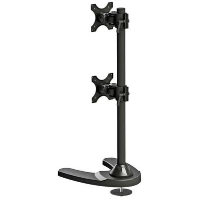 Dobbelt metalmonitorholder med vertikal orientering, egnet til to skærme, med justerbare arme.