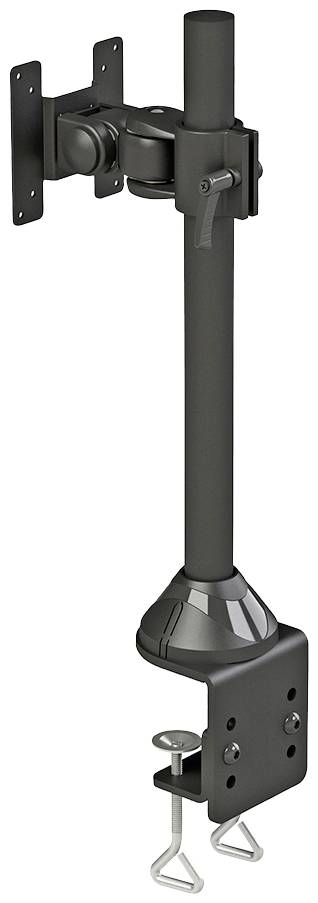 En justerbar monitorarm i sort metal til bordmontering, med klemme i bunden og led til justering af højde og vinkel.