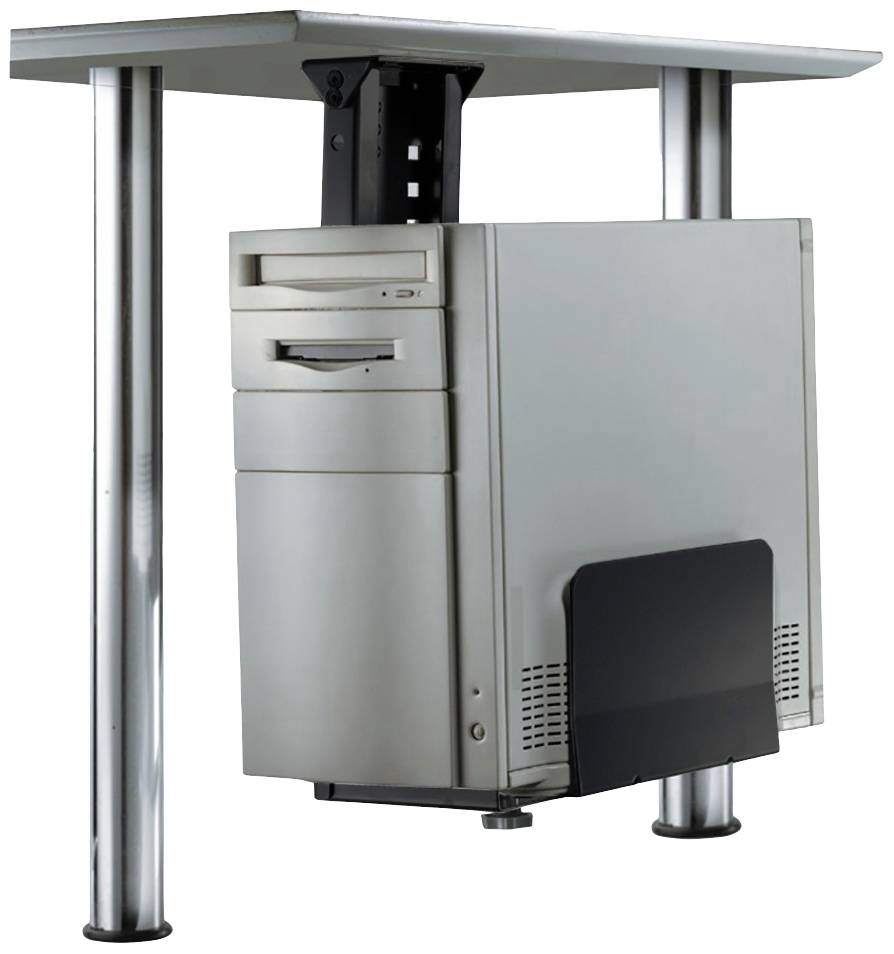 En PC-kabinet, der er monteret under et bord på et specielt beslag. Beslaget er sølvfarvet og lavet af metal.