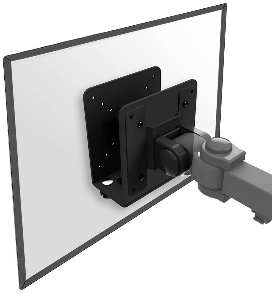 Skærmbeslag med VESA-plade og drejelig arm, monteret på et bord. Egnet til fastgørelse af en skærm eller monitor.