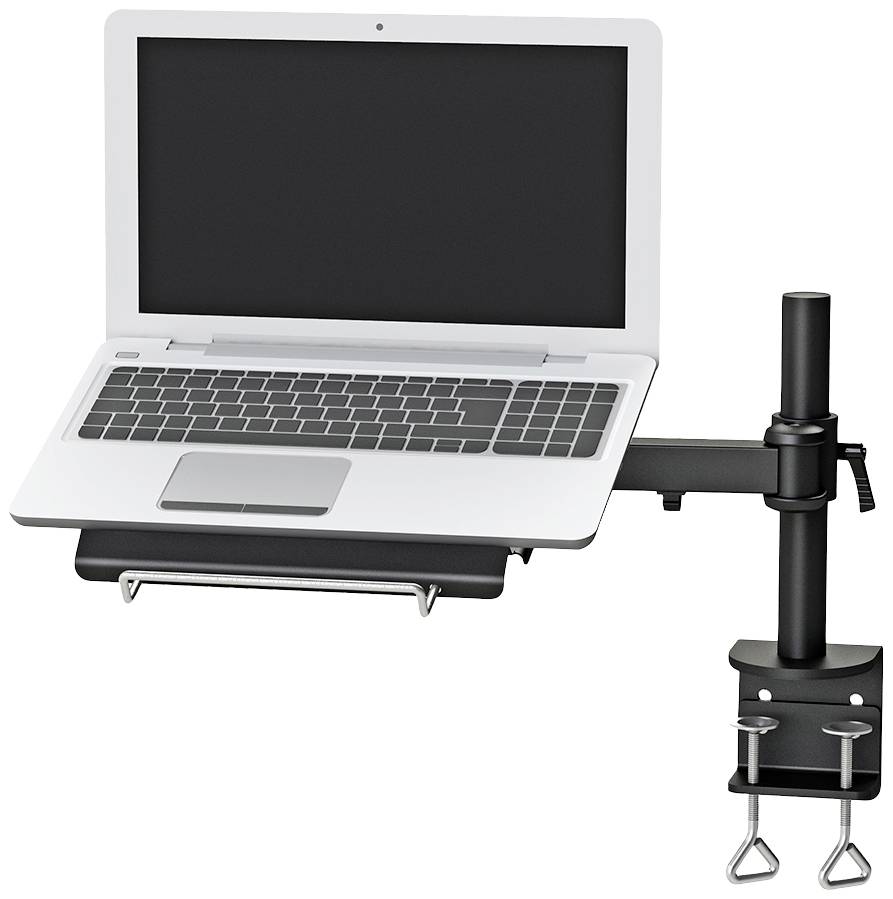 Bærbar computer monteret på en justerbar og svingende armholder, egnet til fastgørelse ved bordkanter for at skabe en ergonomisk arbejdsplads.