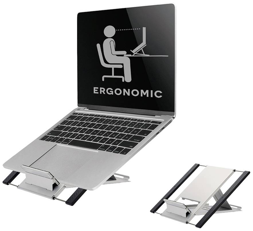 Bærbar computer på ergonomisk stander med skærmen vinklet mod brugeren forbedrer kropsholdningen og forebygger nakkesmerter.