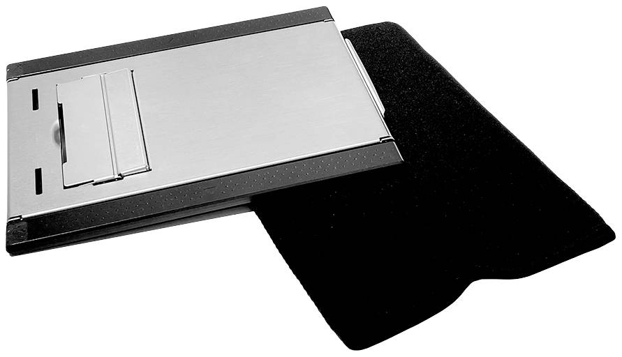 Metallic clipboard organizer på sort baggrund, delvist i en sort etui.