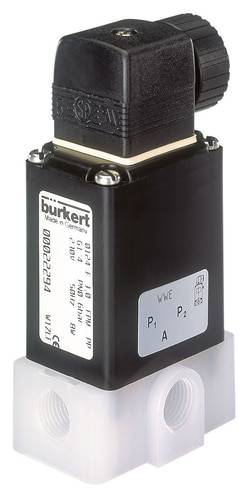 Et sort Bürkert-ventil med mærkning sidder på et hvidt plastikkabinet. Der er synlige tilslutninger til rør.