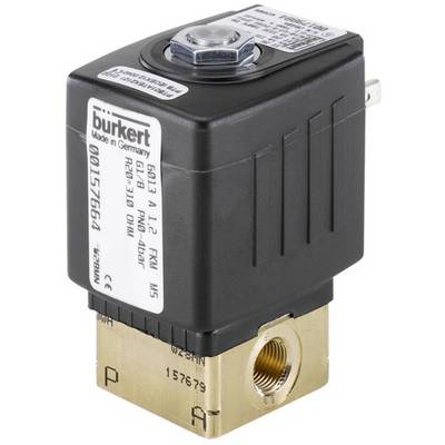 Et elektrisk ventil med sort hus og guldfarvet tilslutning fra Burkert, fremstillet i Tyskland, med modelnummer 6013.