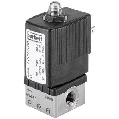 Et magnetventil fra Bürkert, model 6014 C, sort overdel, sølvfarvet underdel, til væskestyring, "Made in Germany".