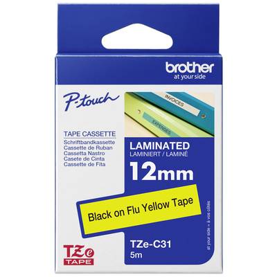 Emballagen viser en Brother P-Touch skriftbåndskassette. Tekst på emballagen: 'Sort på fluorescerende gul tape', 12mm, 5m lang.