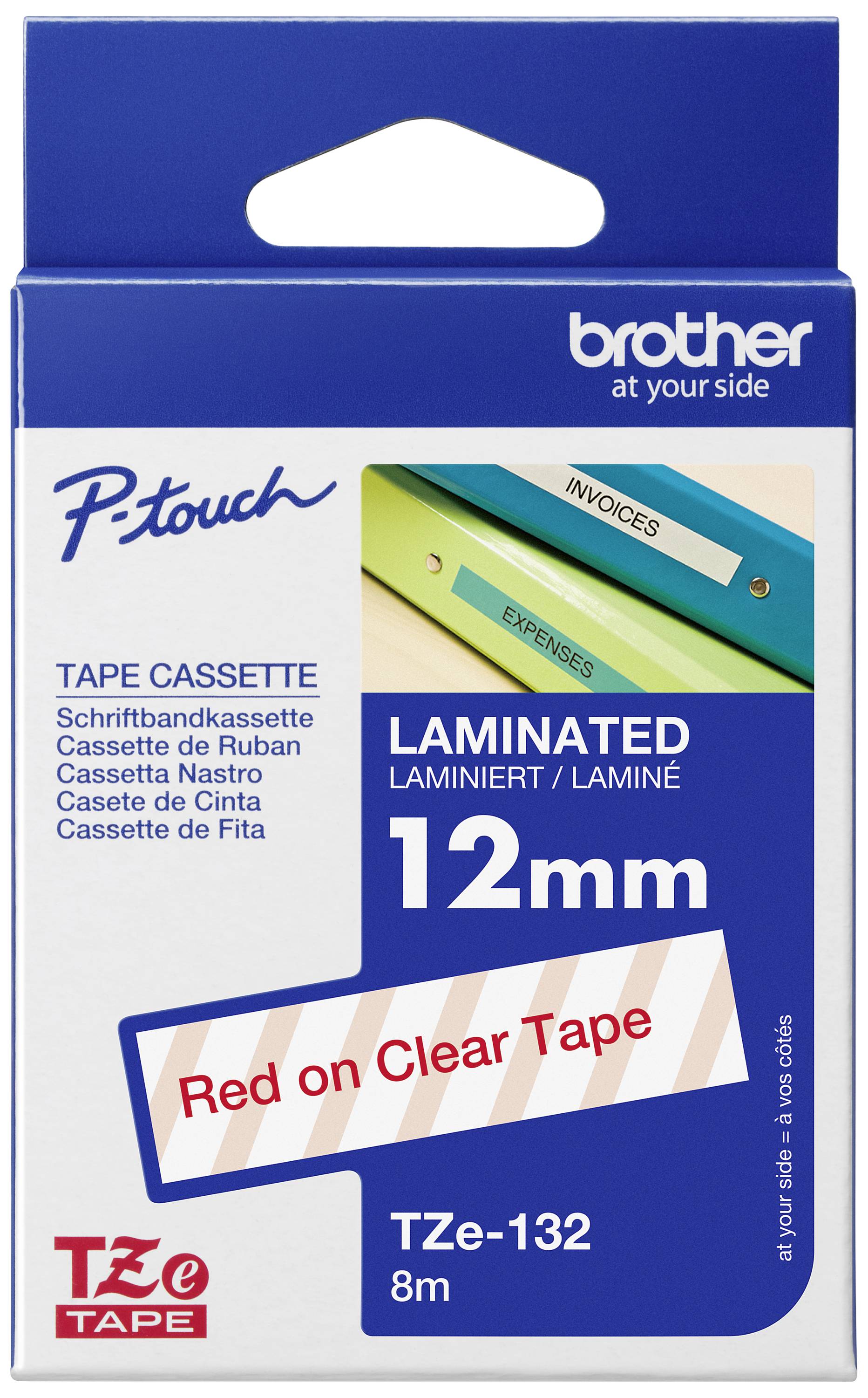 Emballage til Brother P-Touch lamineret etiketbånd, 12mm, rødt bånd på klar tape.