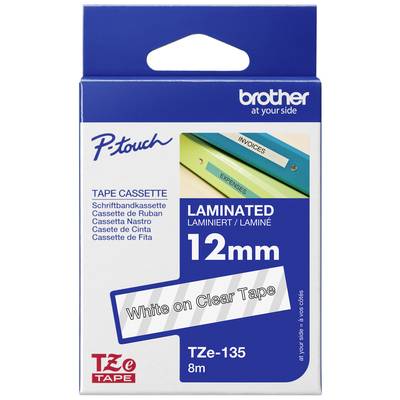 Brother TZe-135 Skriftbånd Båndfarve: Transparent Skriftfarve: Hvid 12 mm 8 m