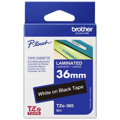Kassette til Brother labelmaker, '36mm' hvid tekst på sort bånd, lamineret, P-Touch-serien, egnet til mærkning.