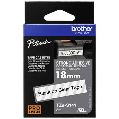 'Brother P-touch' tape cassette, 18 mm, strong adhesive, 8 m long, black text on transparent tape, model TZe-S141.