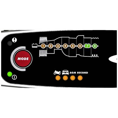 Styring af batteri med rød modusknap, otte nummererede trin, grøn LED-indikator og symboler for køretøjstyper.
