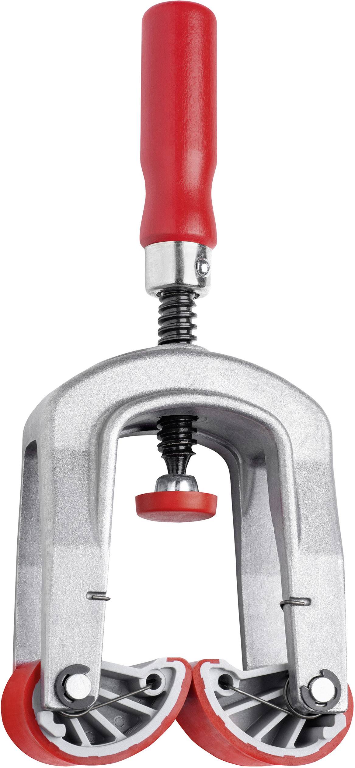 Et C-greb med to ruller og et rødt håndtag, som bruges til spænding eller tryk på materialer.