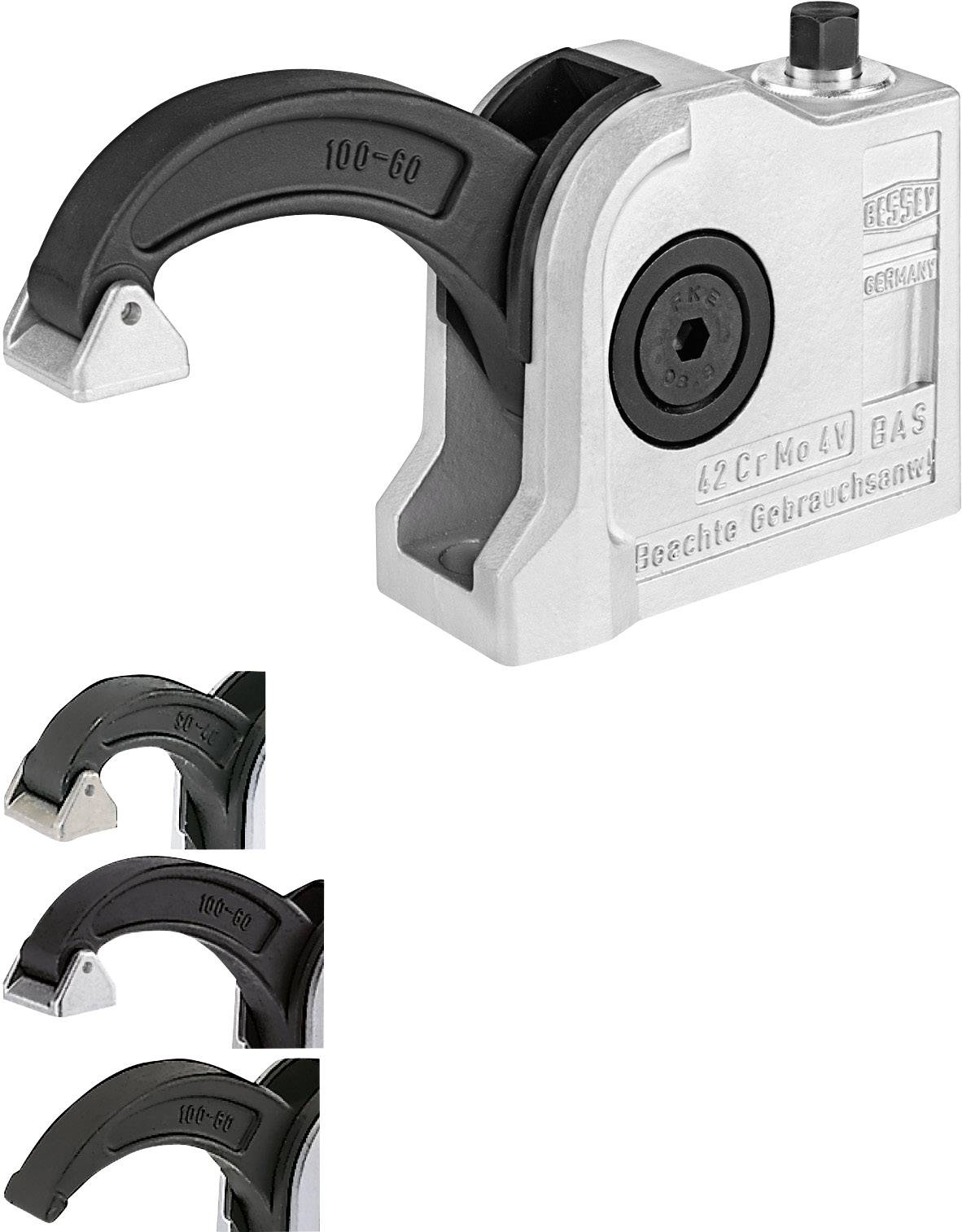 En sølv og sort værktøjsklemme med skruemekanisme, mærket '42 CrMo 4V BAS'. Tre visninger viser forskellige perspektiver.