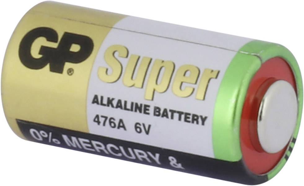 Et guld GP Super Alkalisk batteri med påskriften 'Alkaline Battery 476A 6V', fremhævet kviksølvfri, ligger på siden.