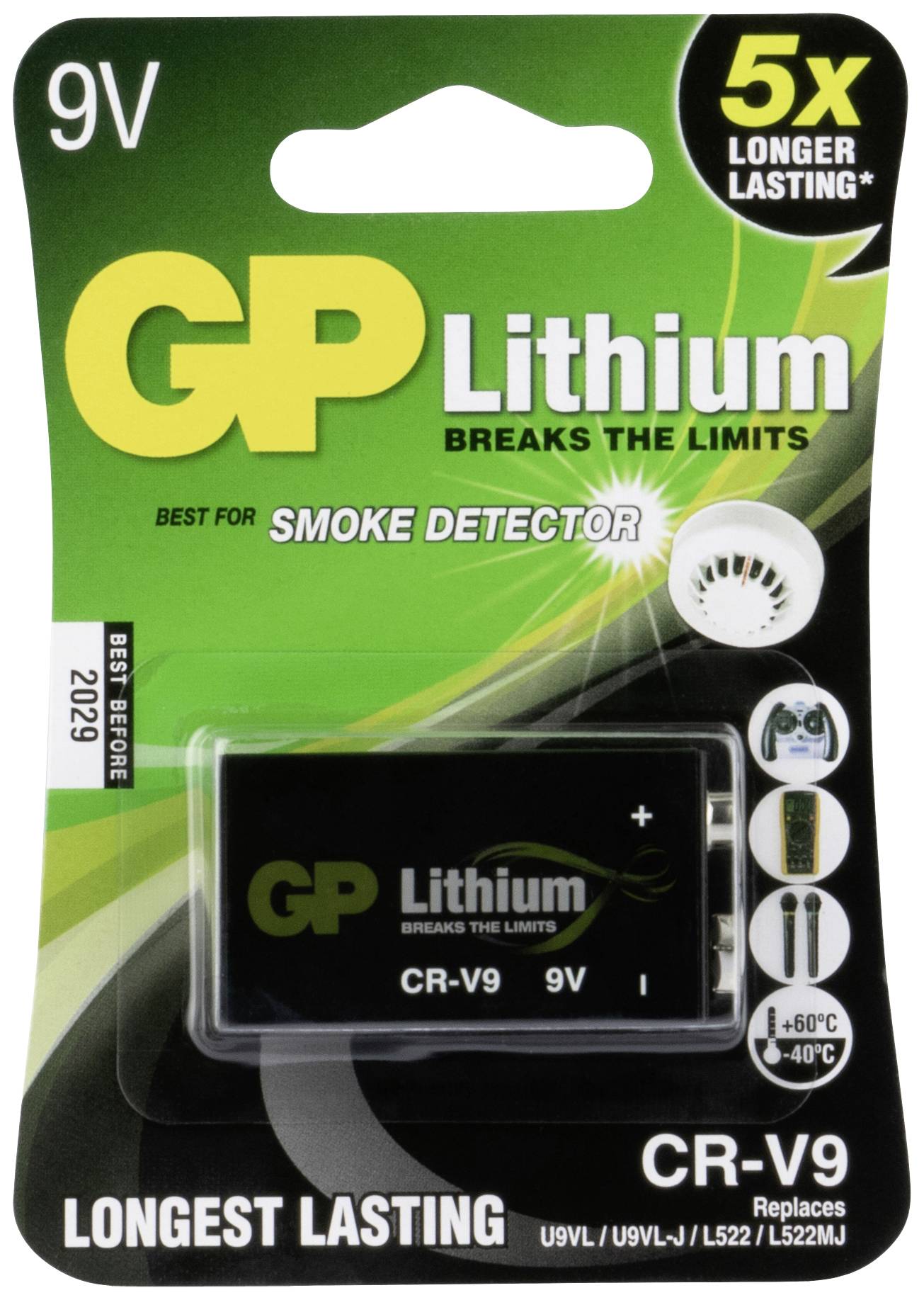 Emballage til et 9V GP Lithium batteri, anbefalet til røgalarmer. Fremhævet: '5 gange længere holdbarhed', udløbsdato 2029.