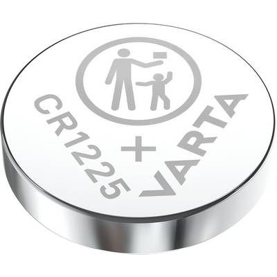 Sølv knapcellebatteri med påskriften 'CR1225 VARTA'. Symbol advarer mod at sluge små dele.