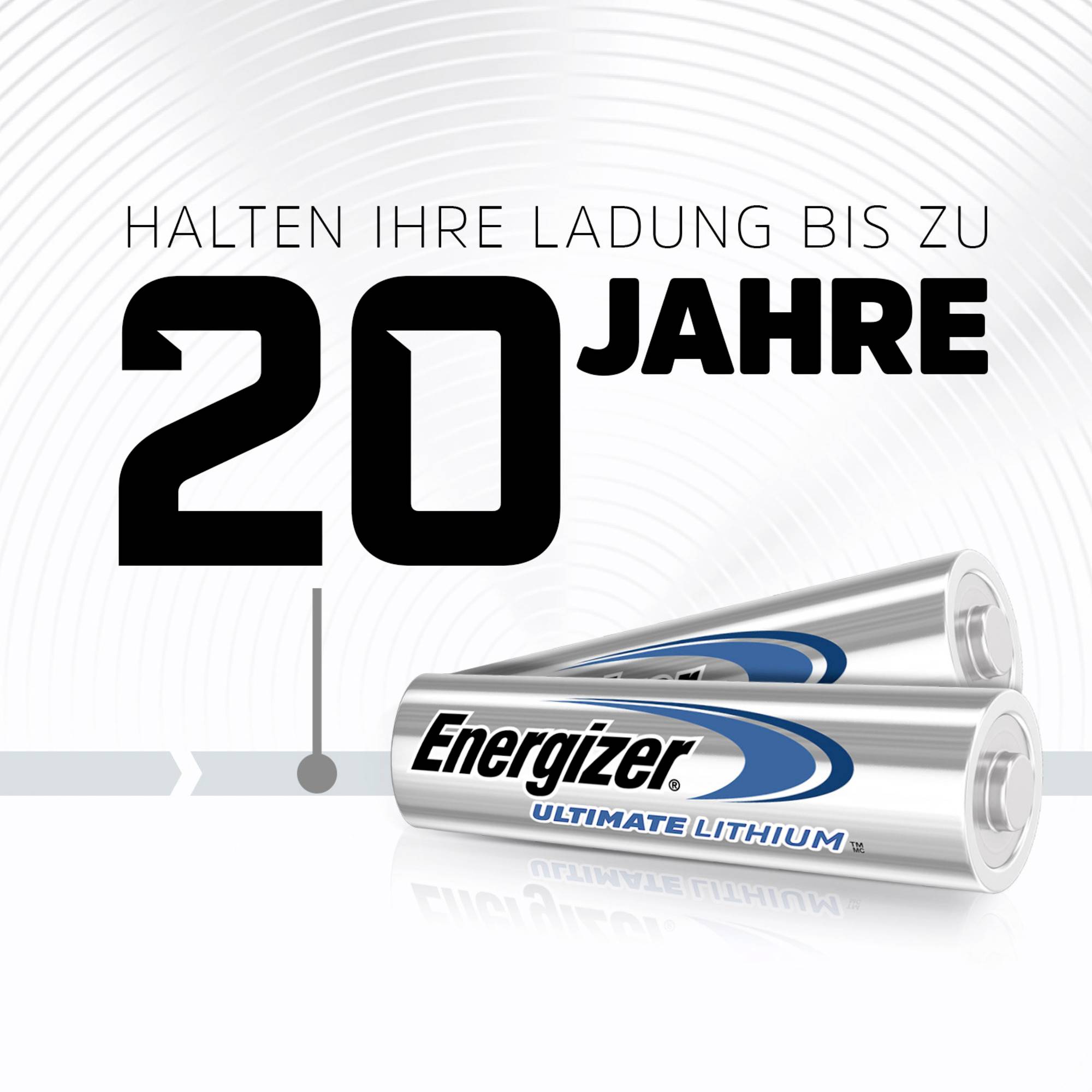 To udsøgte Energizer Ultimate Lithium-batterier. Tekst: Holder deres opladning op til 20 år.
