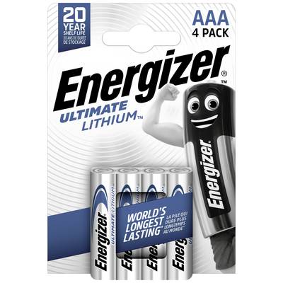 Batteripakke 'Energizer Ultimate Lithium AAA, 4-pak' med glad batterimaskot, fremhæver ekstra lang levetid.