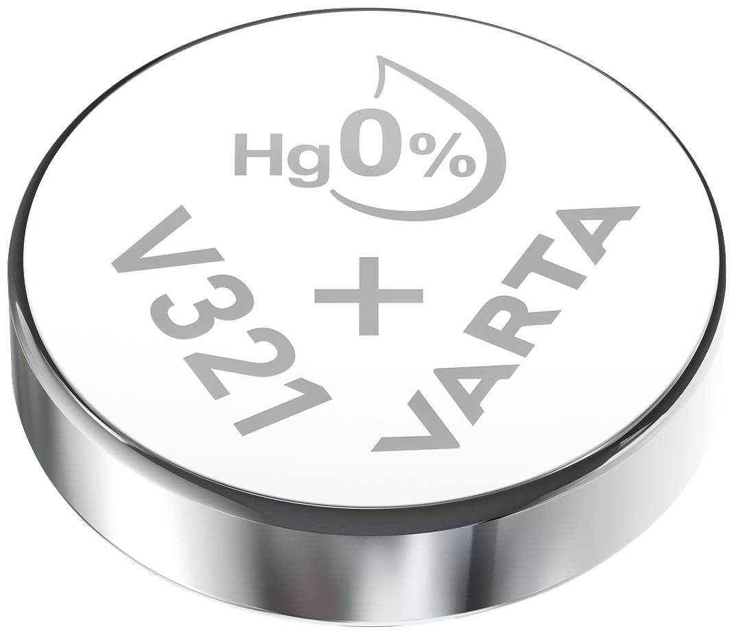 Sølvfarvet knapcellebatteri med påskriften 'Hg 0%', 'V321', '+' og 'VARTA'. Batteritypen symboliserer en kviksølvfri energikilde.