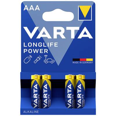VARTA LONGLIFE Power AAA-batterier i en blå pakning, fire styk. Etiket 'Made in Germany'. Alkalisk type.