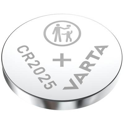 Lithium-knap-batteri med påtryk: 'CR2025', '+' symbol, 'VARTA'. Symbol for genbrug og miljøbeskyttelse gennem korrekt bortskaffelse.