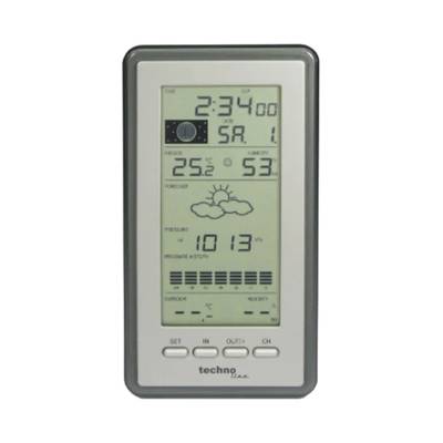 Digitalt vejrstationsdisplay med aktuel tid '2:34', dato 'LØ, 1', temperatur '25,2°C', luftfugtighed '53%', vejrudsigt og lufttrykvisning '1013 hPa'.
